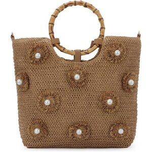 Flower Pearls Straw Tote Bag Brown